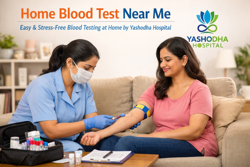 Home blood test near me by Yashodha Hospital with trained nurse collecting blood sample at home
